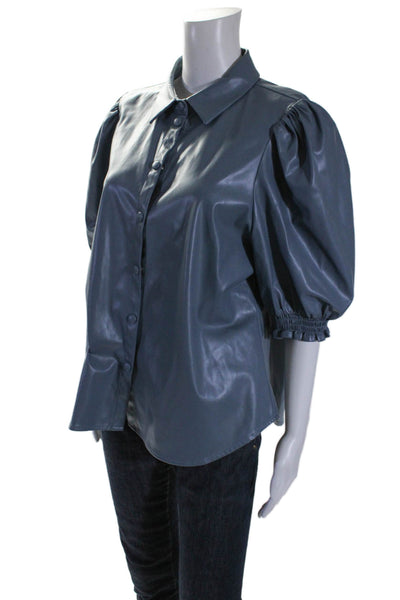 Dolan Womens Dusty Blue Faux Leather Button Front Short Sleeve Blouse Top Size L