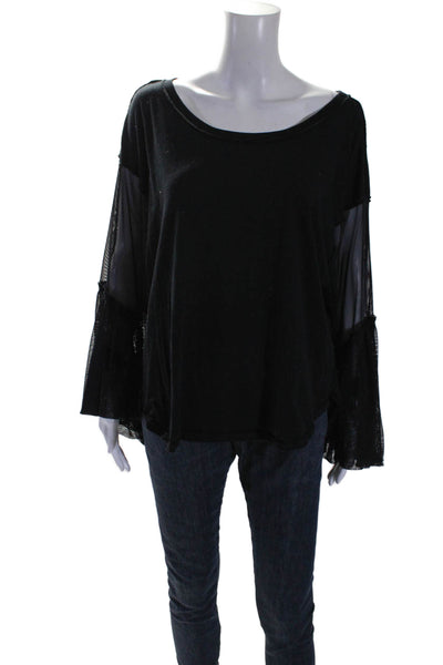 Free People Womens Black Mesh Trim Bell Long Sleeve Scoop Neck Blouse Top Size S