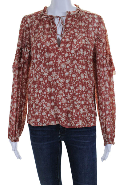 Intermix Womens Textured Long Sleeve V-neck Floral Print Blouse Orange Size S