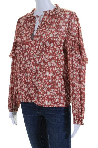 Intermix Womens Textured Long Sleeve V-neck Floral Print Blouse Orange Size S