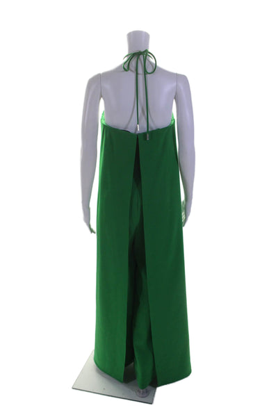 Halston Womens Satin Textured Sleeveless Layered Zip Sleek Jumpsuit Green Size 4