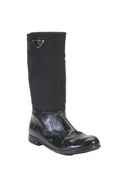 Prada Girls Shiny Black Zip Knee High Boots Shoes Size 4