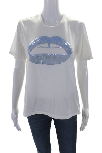 Markus Lupfer Womens Short Sleeve Sequin Lips Tee Shirt White Cotton Size Small