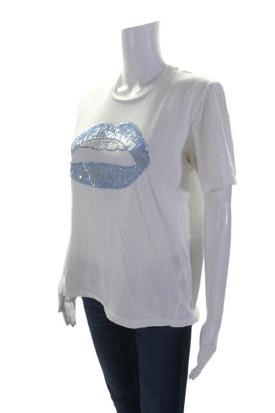 Markus Lupfer Womens Short Sleeve Sequin Lips Tee Shirt White Cotton Size Small