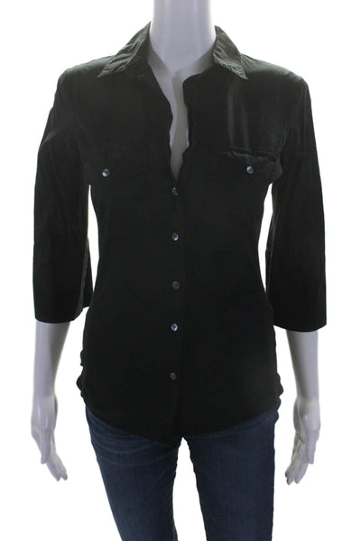 James Perse Womens Button Front Ribbed Trim Collared Shirt Black Cotton Size 2