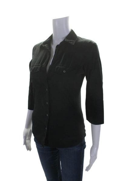 James Perse Womens Button Front Ribbed Trim Collared Shirt Black Cotton Size 2