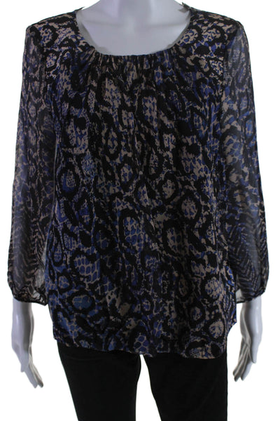 Tibi Womens Silk Long Sleeve Snakeskin Print Blouse Blue Beige Size 6