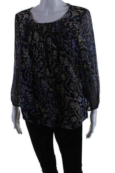 Tibi Womens Silk Long Sleeve Snakeskin Print Blouse Blue Beige Size 6