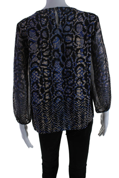 Tibi Womens Silk Long Sleeve Snakeskin Print Blouse Blue Beige Size 6