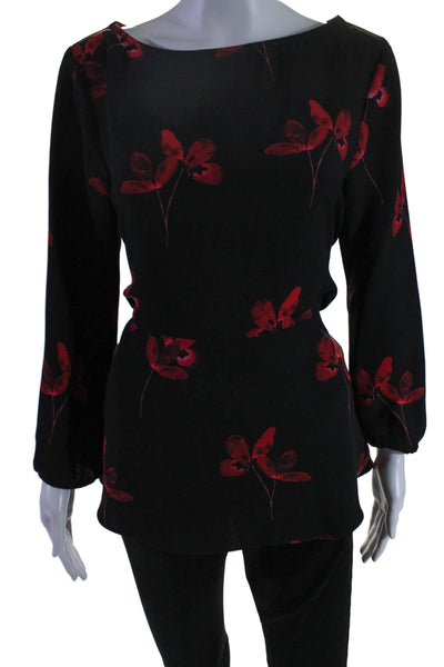 Shoshanna Womens Long Sleeve Floral Print Tie Waist Peplum Blouse Black Size M