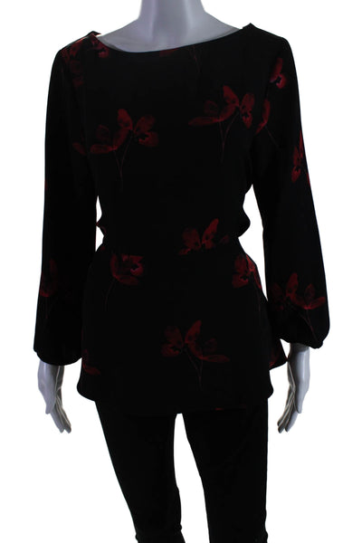 Shoshanna Womens Long Sleeve Floral Print Tie Waist Peplum Blouse Black Size M