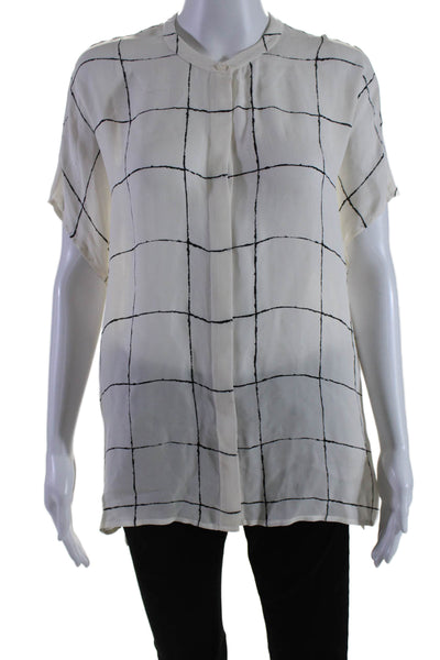 Vince Womens Silk Short Sleeve Plaid Button Down Blouse White Size S