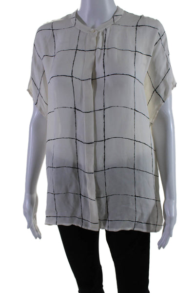 Vince Womens Silk Short Sleeve Plaid Button Down Blouse White Size S