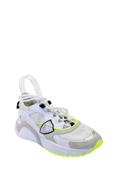 Philippe Model Leather Textured Laced Neon Low Top Sneakers White Size EUR 39