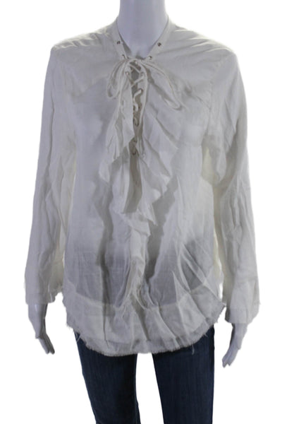 IRO Womens Textured Long Sleeve Frayed Tie Front Blouse White Size EUR 40