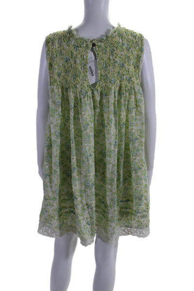 Free People Womens Green Floral Print Crew Neck Sleeveless A-Line Dress Size L