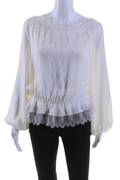 Tamara Mellon Womens Long Sleeve Lace Trim Off Shoulder Top White Silk Size 0