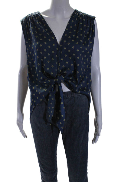 Free People Women's Round Neck Sleeveless Printed Blouse Blue Size M