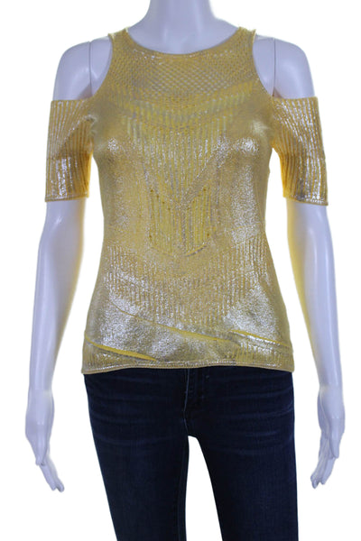 Oblique Womens Metallic Short Sleeve Off Shoulder Knit Blouse Yellow Size S