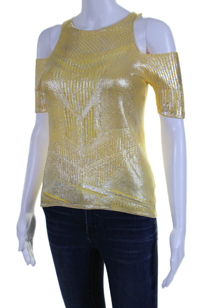 Oblique Womens Metallic Short Sleeve Off Shoulder Knit Blouse Yellow Size S