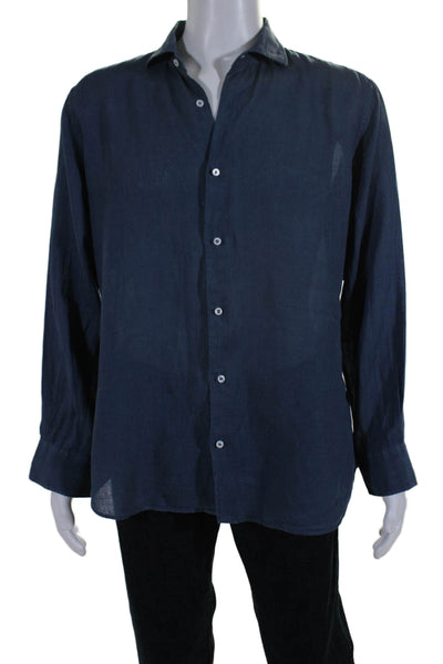 Fedeli Mens Linen Long Sleeve Collared Button Down Shirt Blue Size 41