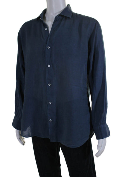 Fedeli Mens Linen Long Sleeve Collared Button Down Shirt Blue Size 41