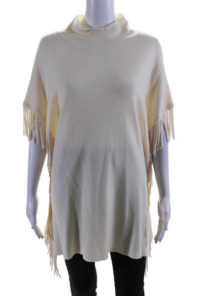 Elie Tahari Womens Short Sleeve Mock Neck Fringe Sweater White Wool Size M/L