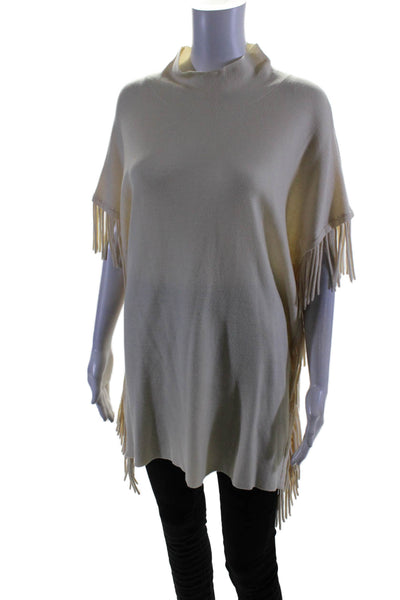 Elie Tahari Womens Short Sleeve Mock Neck Fringe Sweater White Wool Size M/L