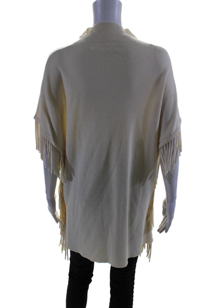 Elie Tahari Womens Short Sleeve Mock Neck Fringe Sweater White Wool Size M/L