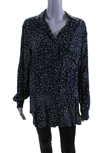 Ganni Womens Button Front Long Sleeve Collared Floral Top Navy White Size FR 42