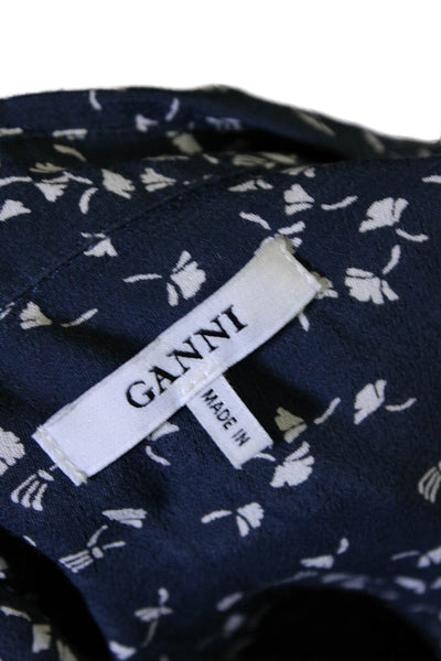 Ganni Womens Button Front Long Sleeve Collared Floral Top Navy White Size FR 42