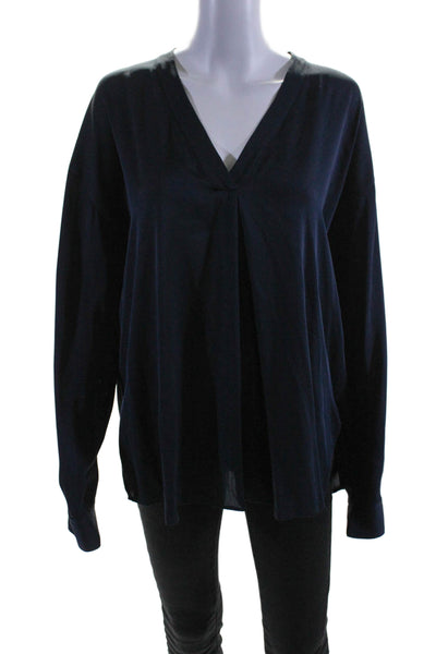 Vince Womens Long Sleeve V Neck Silk Draped Top Navy Blue Size 12