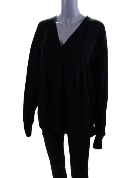 Vince Womens Long Sleeve V Neck Silk Draped Top Navy Blue Size 12