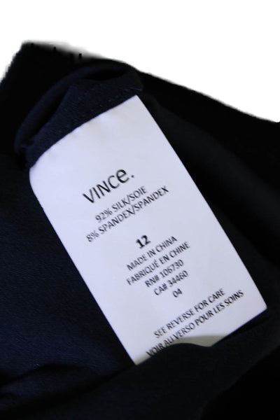 Vince Womens Long Sleeve V Neck Silk Draped Top Navy Blue Size 12