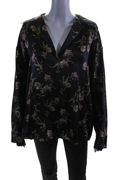 Vince Womens Long Sleeve Collared V Neck Silk Floral Top Black Size Extra Large