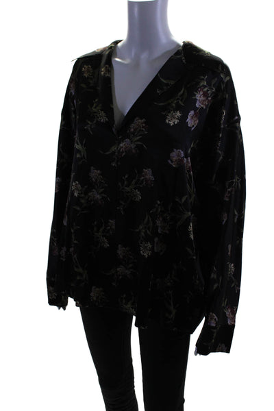 Vince Womens Long Sleeve Collared V Neck Silk Floral Top Black Size Extra Large