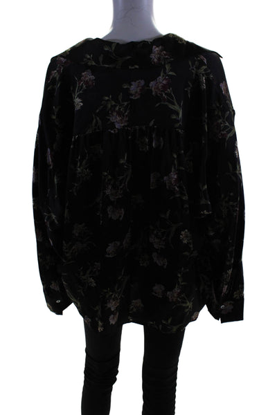 Vince Womens Long Sleeve Collared V Neck Silk Floral Top Black Size Extra Large