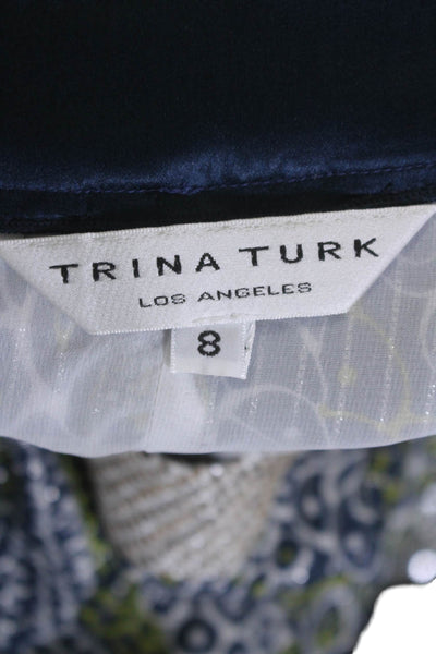 Trina Turk Womens Abstract Print Sleeveless Dress Navy Blue Lime Green Size 8