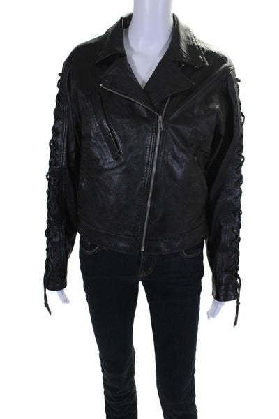 Unik Premium Womens Front Zip Lace Up Trim Leather Motorcycle Jacket Black Large