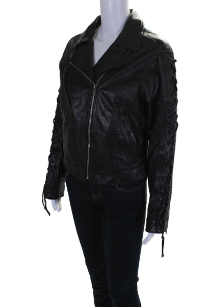 Unik Premium Womens Front Zip Lace Up Trim Leather Motorcycle Jacket Black Large