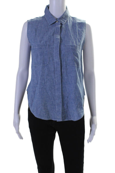 Frame Womens Linen Blend Collared Sleeveless Button Up Blouse Top Blue Size XS