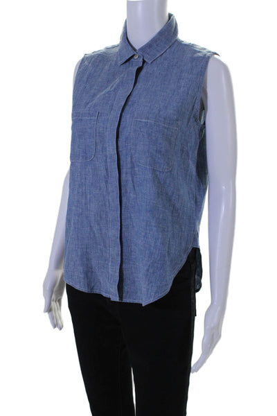 Frame Womens Linen Blend Collared Sleeveless Button Up Blouse Top Blue Size XS