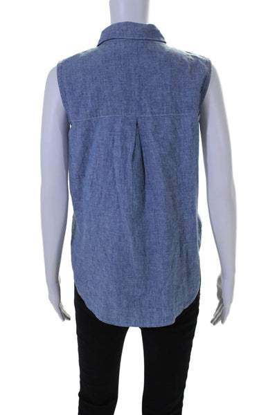 Frame Womens Linen Blend Collared Sleeveless Button Up Blouse Top Blue Size XS