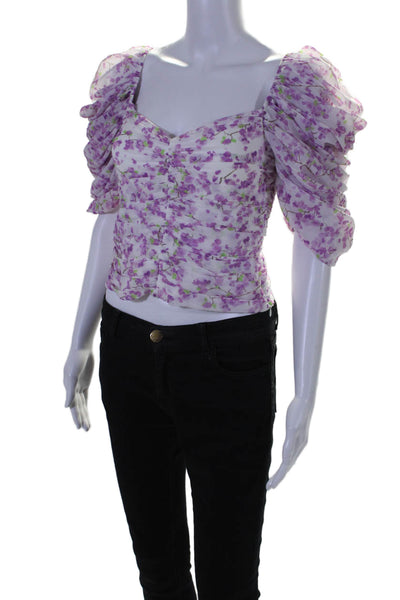 Caroline Constas Womens Floral Print Ruched Pullover Blouse Top Purple Size XS