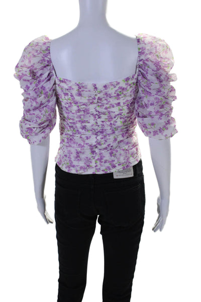 Caroline Constas Womens Floral Print Ruched Pullover Blouse Top Purple Size XS