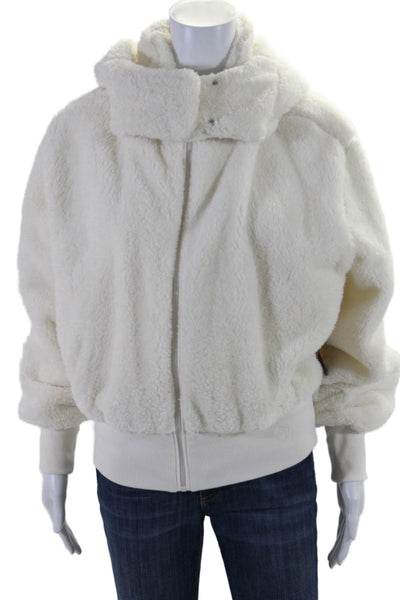 Savvi Womens White Fuzzy Zip Up Pockets Long Sleeve Hooded Jacket Size L