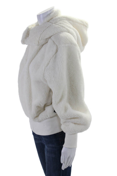 Savvi Womens White Fuzzy Zip Up Pockets Long Sleeve Hooded Jacket Size L