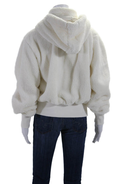 Savvi Womens White Fuzzy Zip Up Pockets Long Sleeve Hooded Jacket Size L