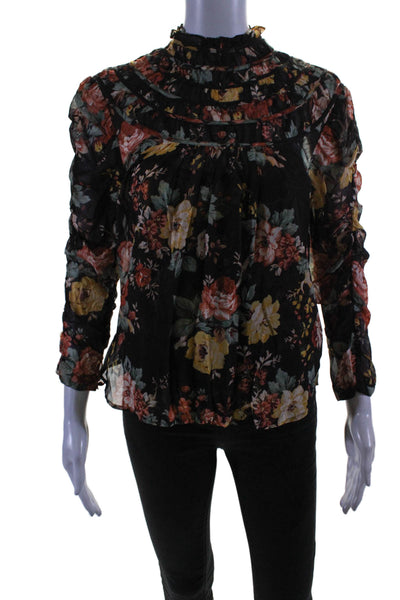 Veronica Beard Womens Floral Print Long Sleeve Pullover Blouse Top Brown Size 4