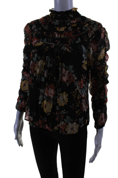 Veronica Beard Womens Floral Print Long Sleeve Pullover Blouse Top Brown Size 4